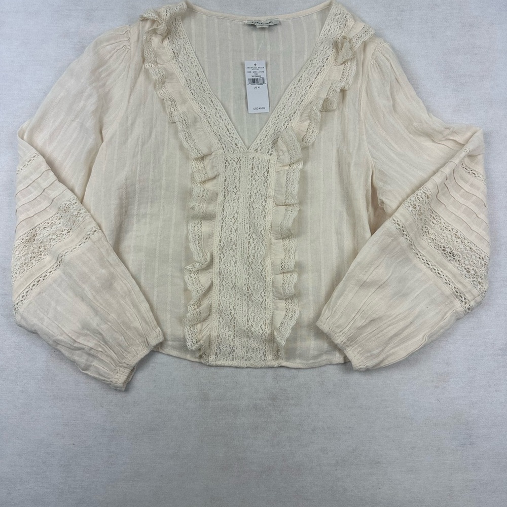 American Eagle V-Neck Lace Blouse Women’s Peasant Cottage Boho Top Size XL